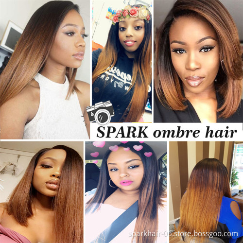 SPARK 1B/4/30 Ombre Brazilian Hair Straight Bundles with Closure Black to Dark Brown Silky Straight Virgin Human Hair